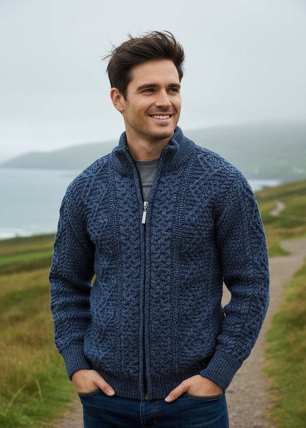 Full Zip Mens Merino Wool Aran Cardigan | Denim