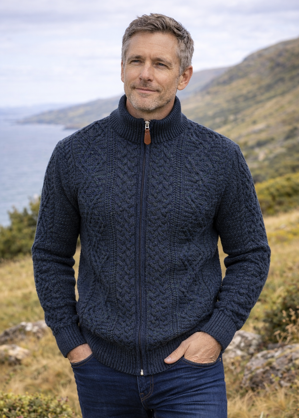 Full Zip Mens Merino Wool Aran Cardigan | Navy Green