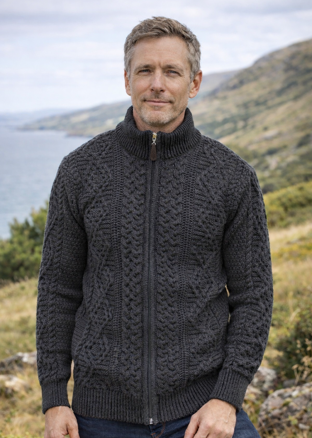 Full Zip Mens Merino Wool Aran Cardigan | Slate