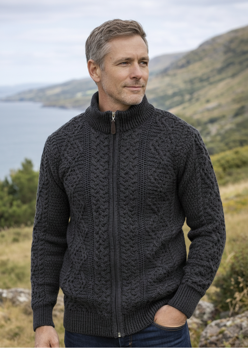 Full Zip Mens Merino Wool Aran Cardigan | Slate
