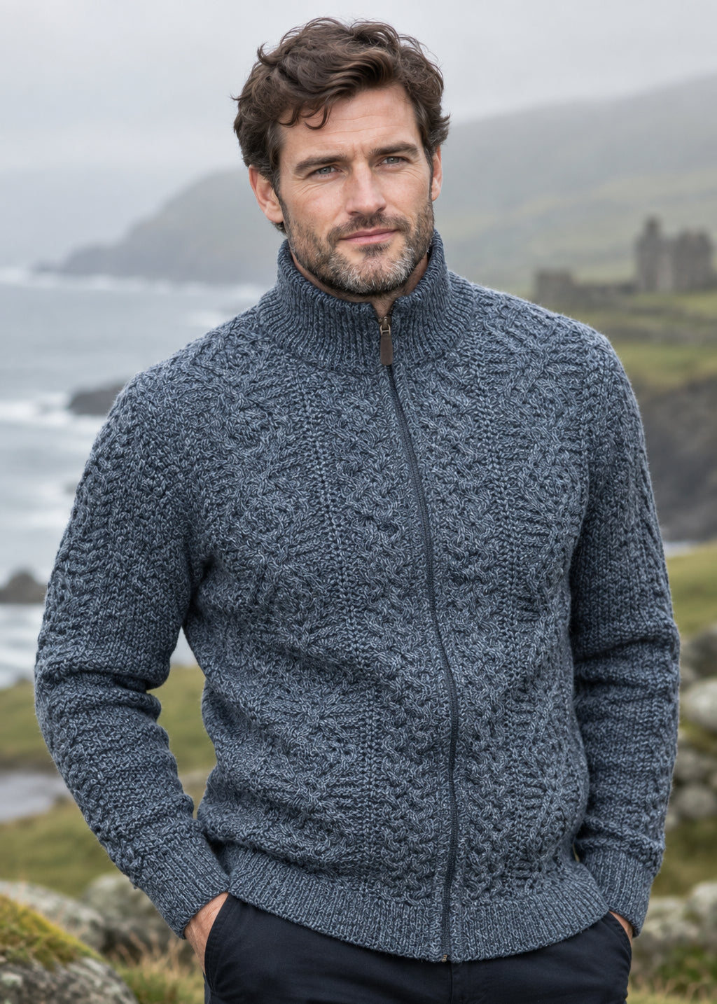 Full Zip Mens Merino Wool Aran Cardigan | Slate