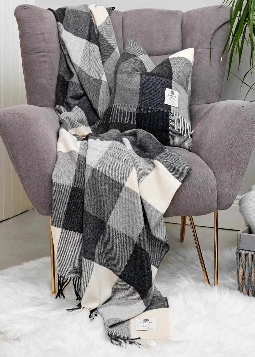 McNutt of Donegal Grey Check Pure Wool Blanket | Irish Wool Throw