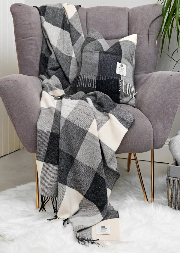 McNutt of Donegal Grey Check Pure Wool Blanket | Irish Wool Throw