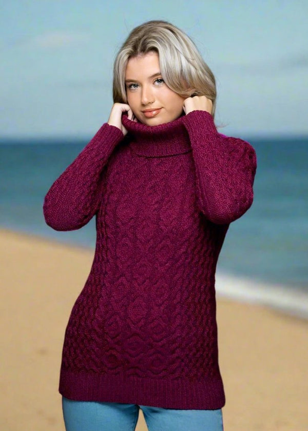 Aran Chunky Cowl Neck Sweater | Raspberry Marl