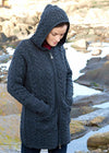 Aran Hooded Cardigan with Celtic Knot Zipper | Charcoal Grey Merino Wool