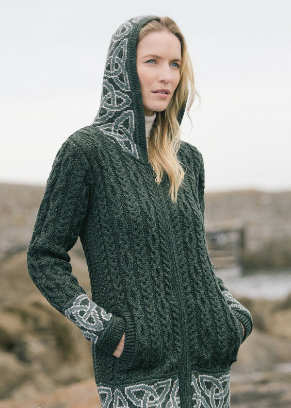 Aran Women s Jacquard Hooded Cardigan Green