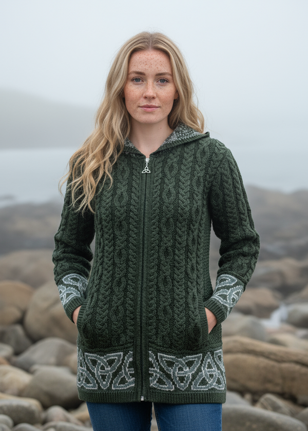 Celtic Jacquard Hooded Aran Cardigan | Green