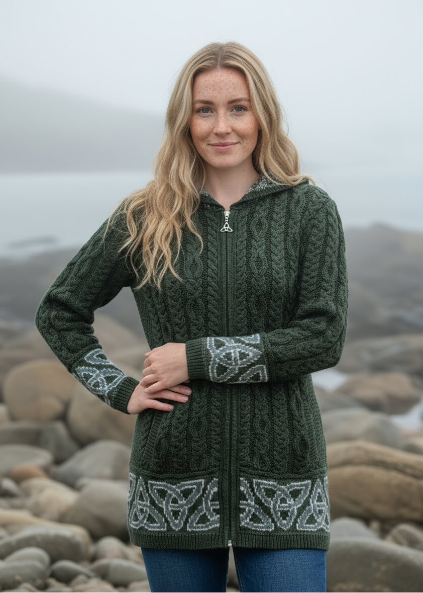 Celtic Jacquard Hooded Aran Cardigan | Green