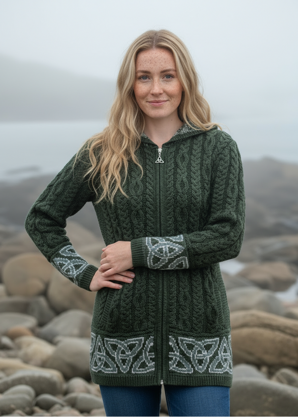 Celtic Jacquard Hooded Aran Cardigan | Green