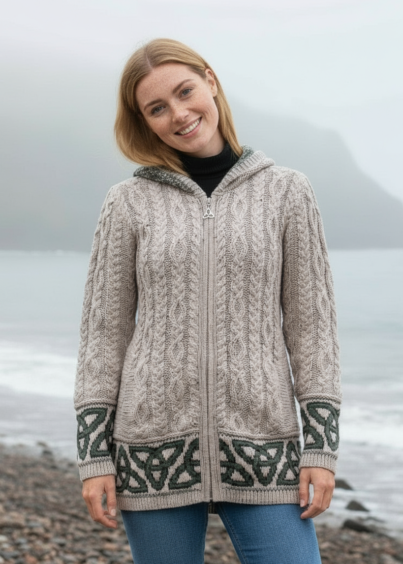 Celtic Jacquard Hooded Aran Cardigan | Oatmeal