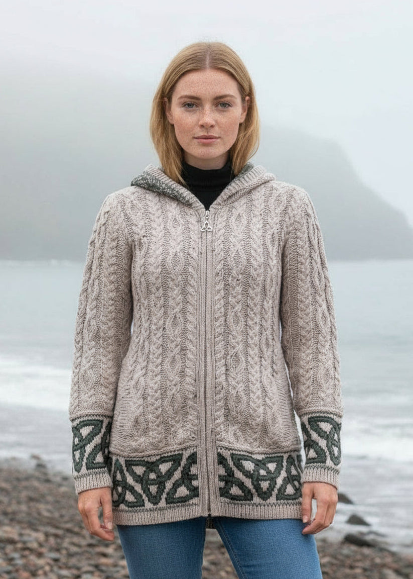 Celtic Jacquard Hooded Aran Cardigan | Oatmeal