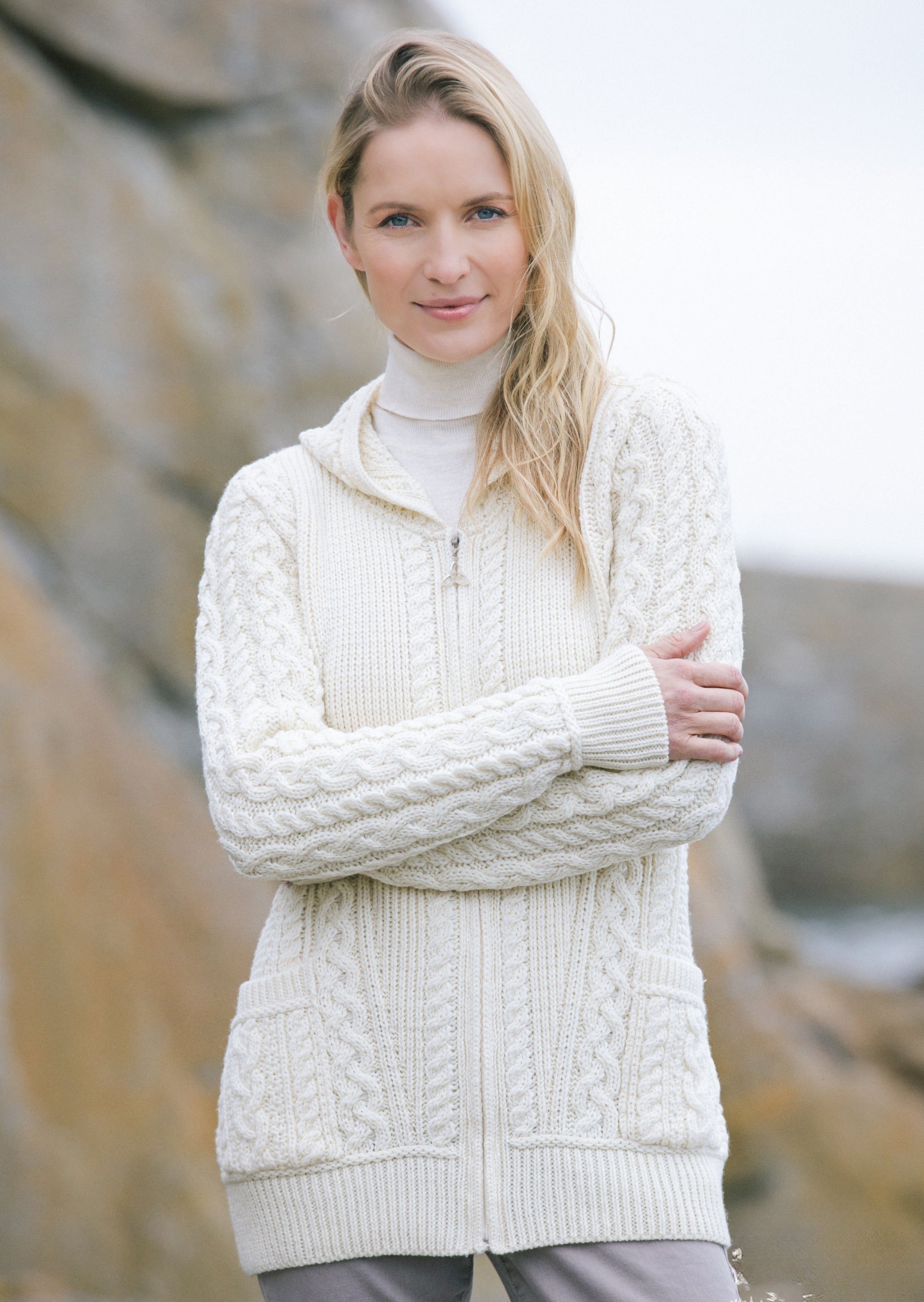 Aran Hooded Pocket Cardigan | Natural