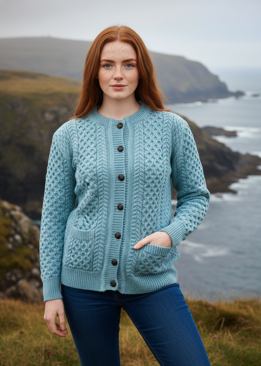 Aran Cable Knit Cardigan | Aqua