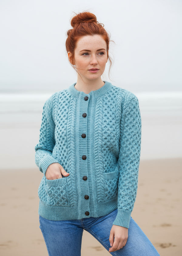 Aran Cable Knit Cardigan | Aqua