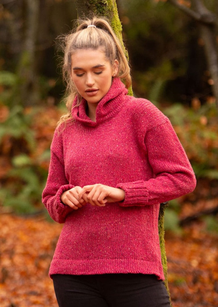 Ladies Donegal Wool Pink Hooded Sweater