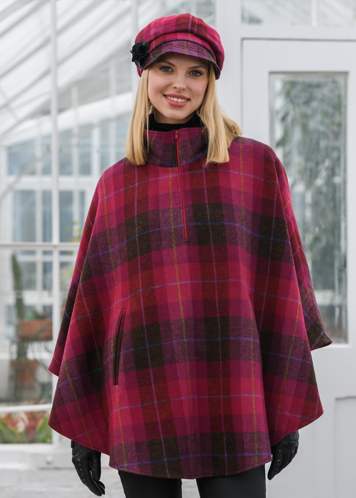 Mucros Half Zip Poncho | Pink Check