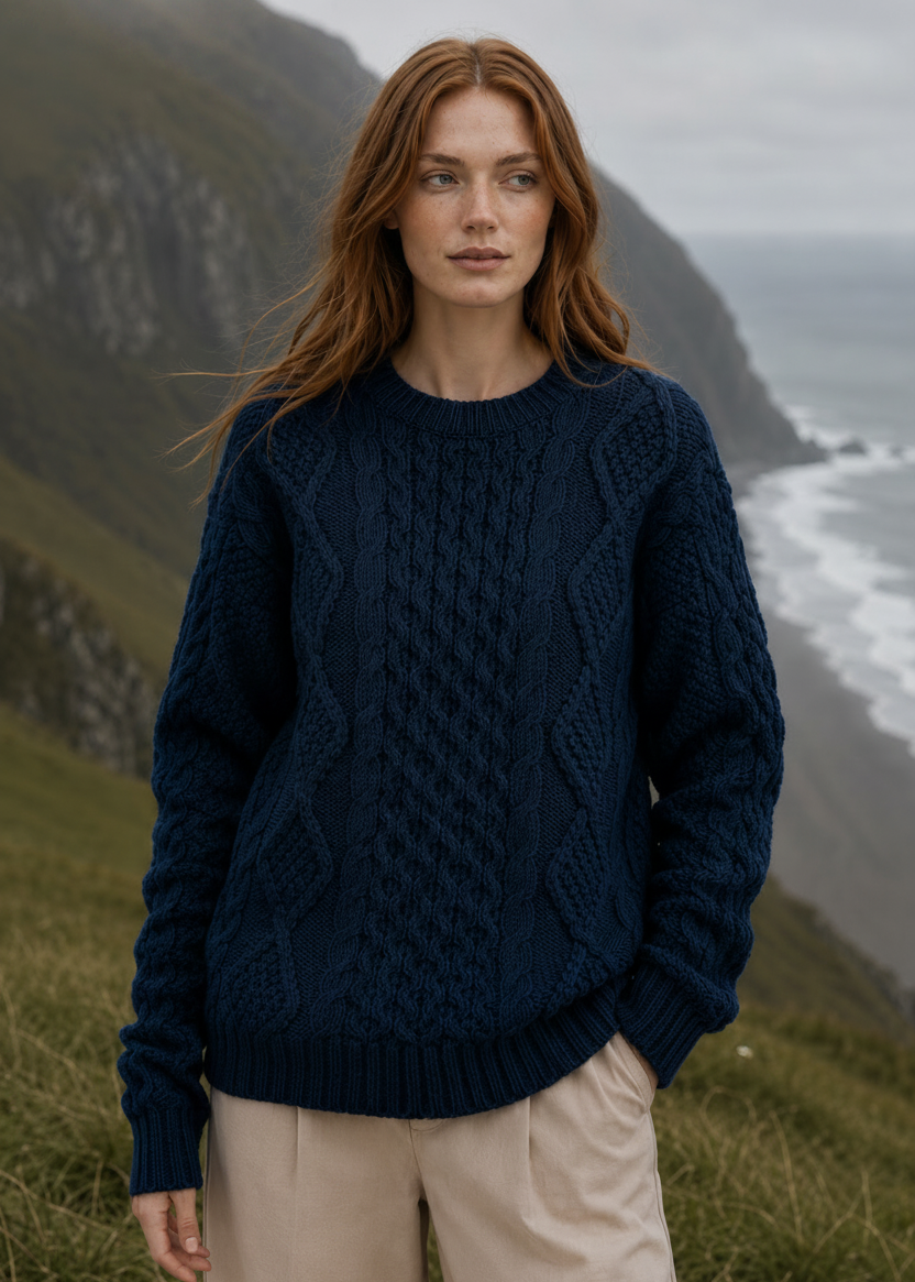 Heavy Weight Aran Fisherman Sweater | Navy/Green Mix