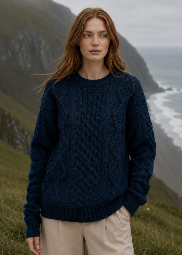 Heavy Weight Aran Fisherman Sweater | Navy/Green Mix