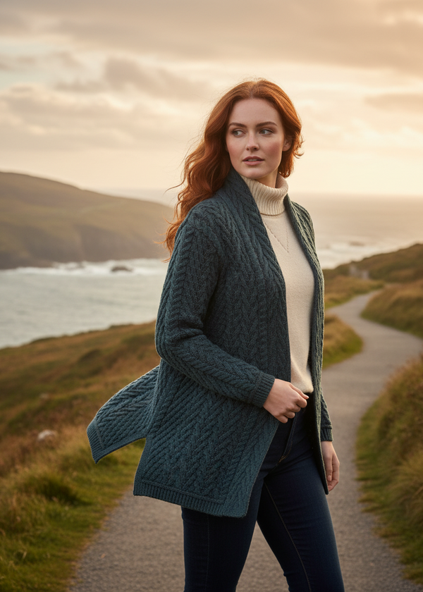 Herringbone Edge to Edge Aran Cardigan - Mallard Green | 100% Merino Wool- walking pose