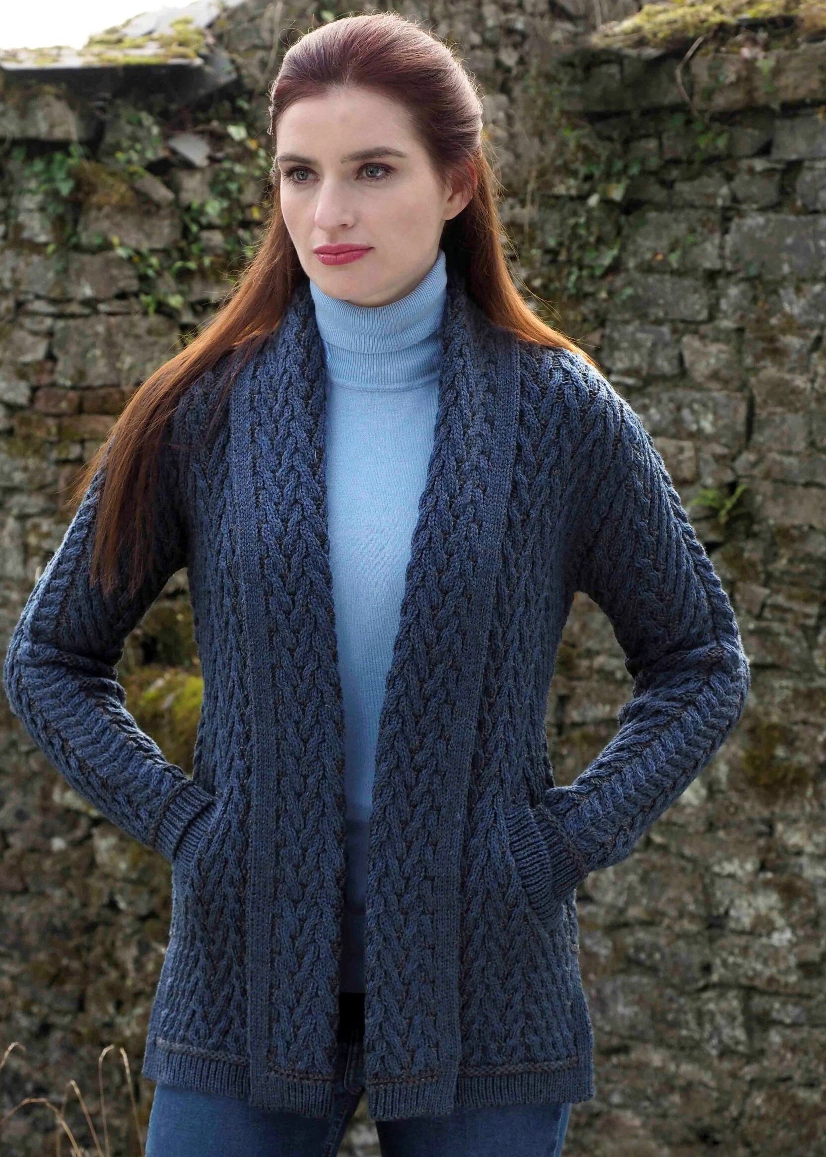 Herringbone Edge to Edge Aran Cardigan - Mallard Mix | 100% Merino Wool