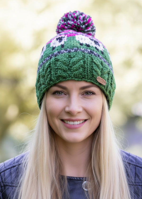 Erin Aran Sheep Bobble Hat Pink and Dark Green