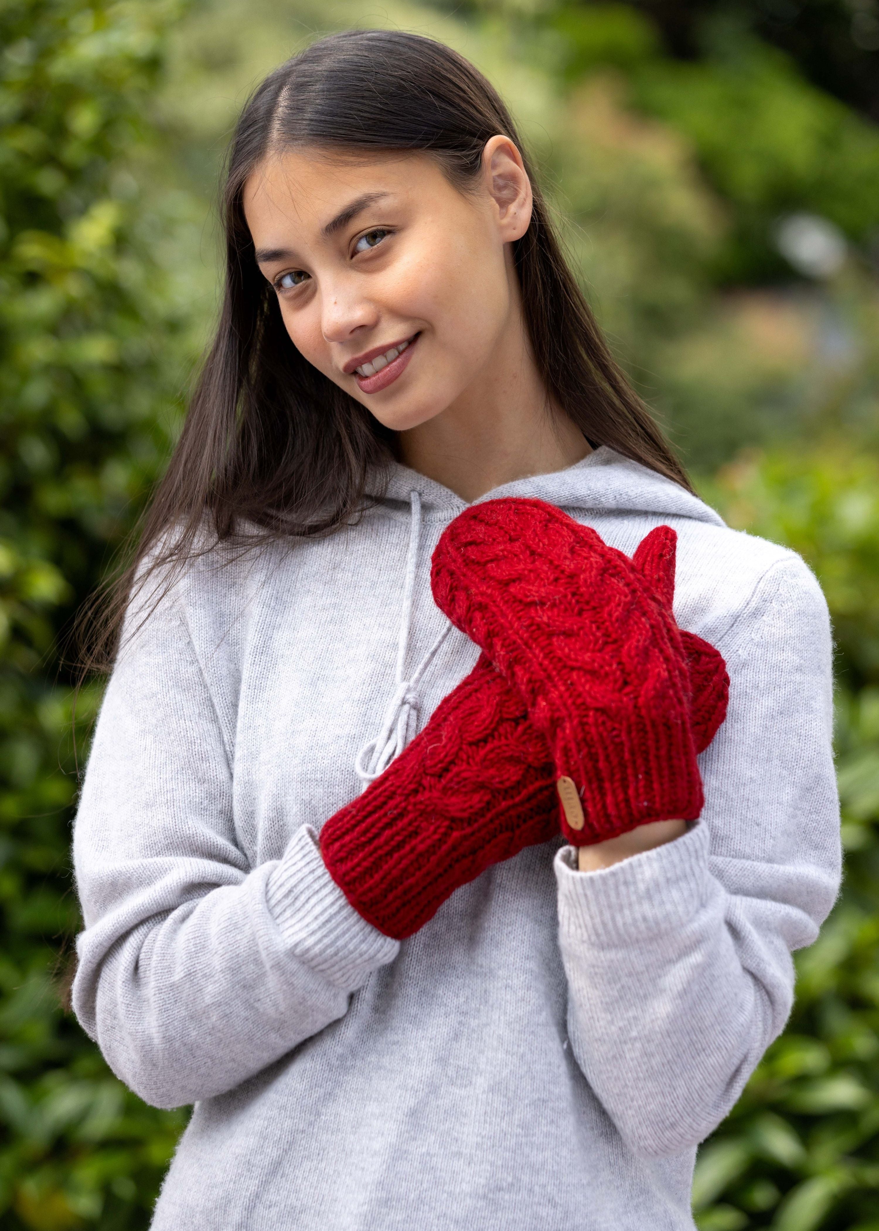 Erin Aran Cable Mittens | Red