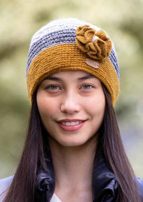 Crochet Cap with Flower Yellow & Grey