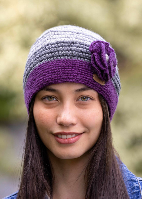 Erin Handcrafted Crochet Flower Cap | Purple Grey Wool