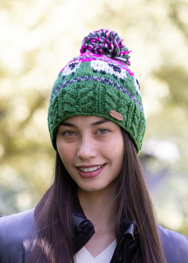 Erin Aran Sheep Bobble Hat Pink and Dark Green