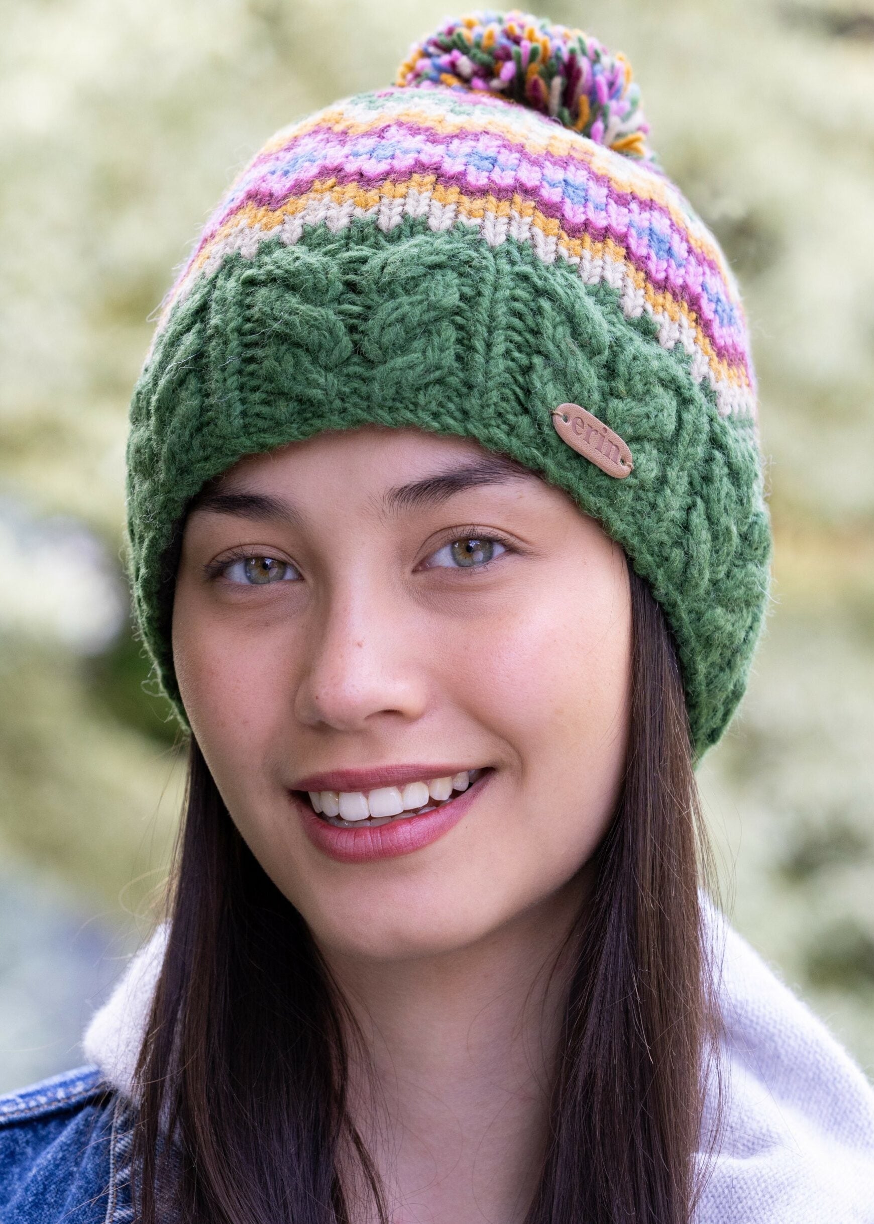 Erin Aran Fairisle Bobble Hat | Green Purple