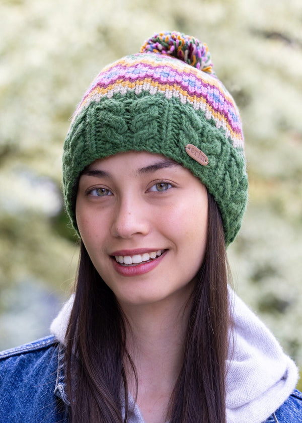 Aran Fairisle Bobble Hat | Green Purple