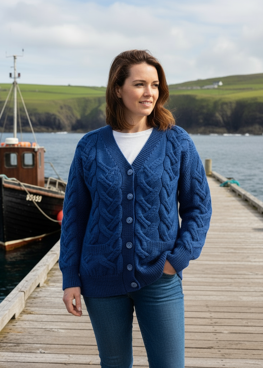 Downpatrick Ladies Aran Cardigan | Blue