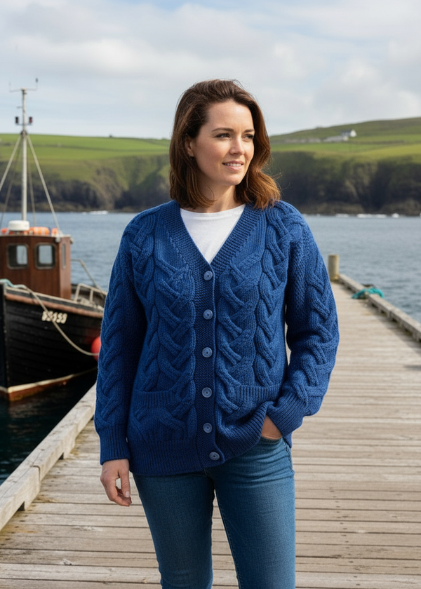 Downpatrick Ladies Aran Cardigan | Blue