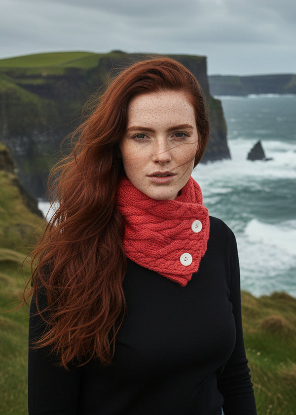 Aran Merino Wool Button Scarf | Coral - Clearance