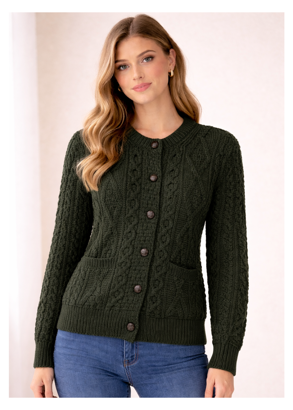 Inagh Ladies Aran Cardigan | Army Green | 100% Worsted Wool