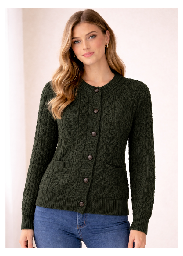 Inagh Ladies Aran Cardigan | Army Green | 100% Worsted Wool