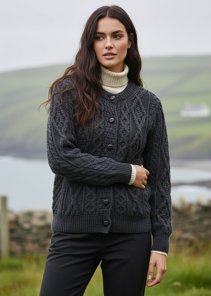 Inagh Ladies Aran Cardigan | Charcoal Worsted Wool