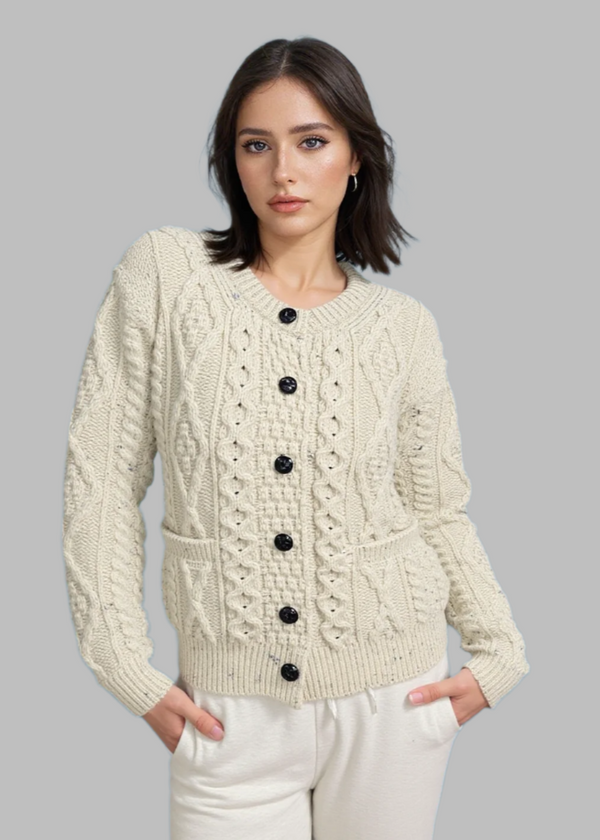 Inagh Ladies Aran Cardigan | Flecked Cream