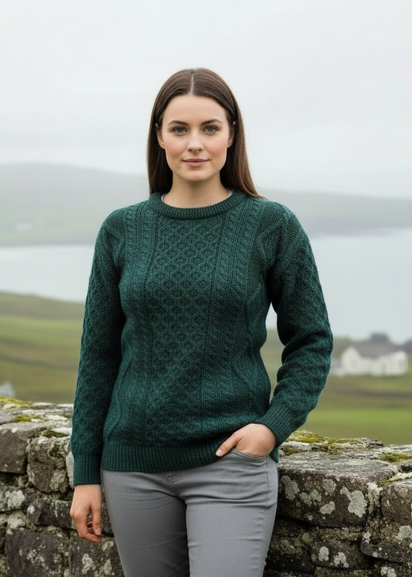 Inis Mor Aran Sweater | Unisex Irish Wool Sweater | Moss Green - New Pose