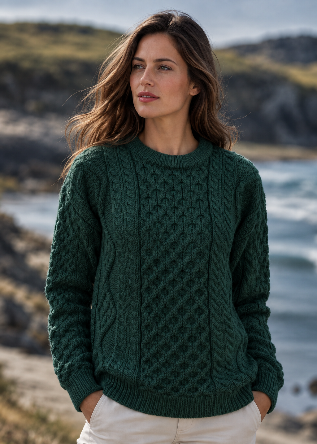 A woman wearing a dark green cable-knit sweater and cream pants, standing on a beach with rocks and water in the background.