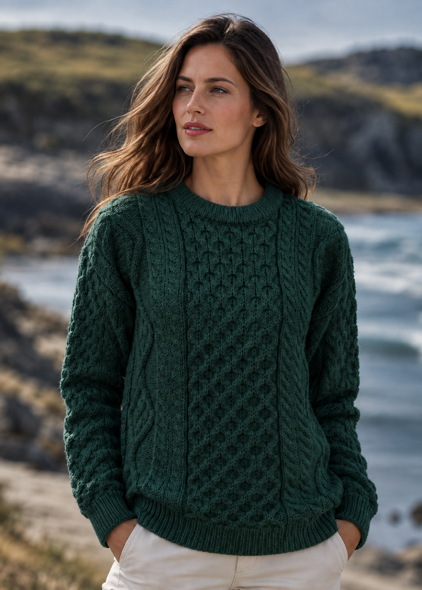 A woman wearing a dark green cable-knit sweater and cream pants, standing on a beach with rocks and water in the background.