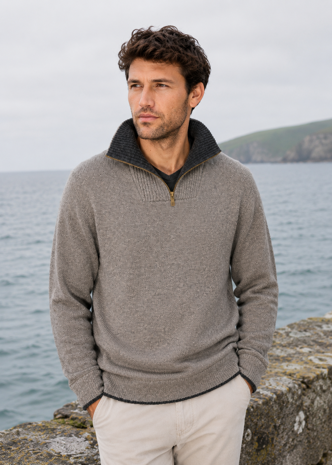 IrelandsEye Men's Lambswool Quarter Zip Sweater | Ghost Grey
