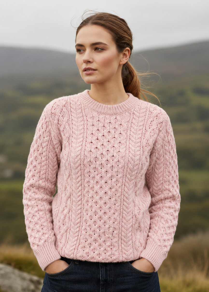 IrelandsEye Women's Aran Sweater | Rosa Pink