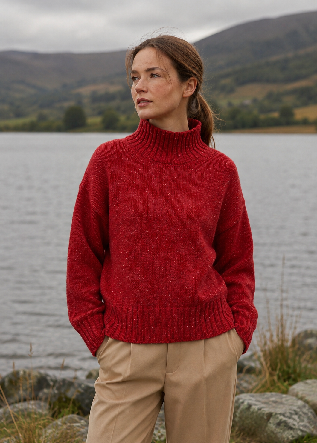IrelandsEye Women's Irish Polo Neck Sweater | Chilli | 95% Wool 5% Cashmere
