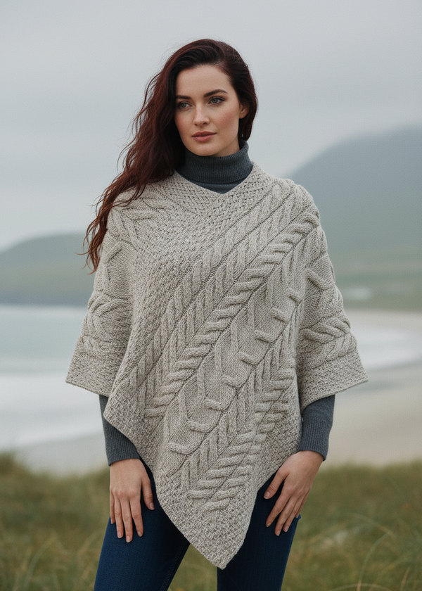 Irish Aran Poncho | Oatmeal Merino Wool | Cable Knit