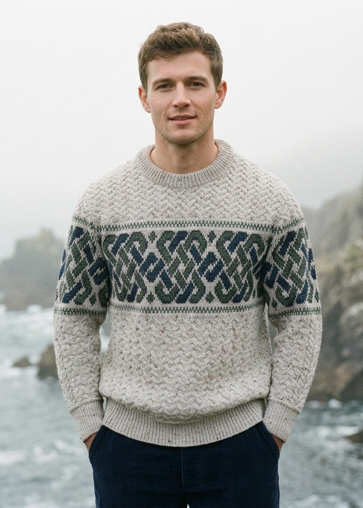 Irish Celtic Jacquard Sweater – Oatmeal | 100% Merino Wool