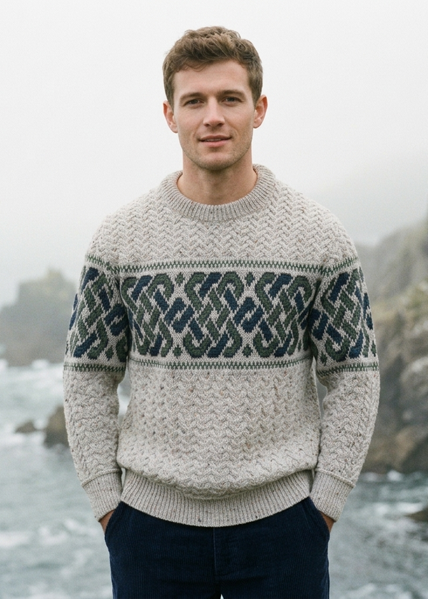 Irish Celtic Jacquard Sweater – Oatmeal | 100% Merino Wool