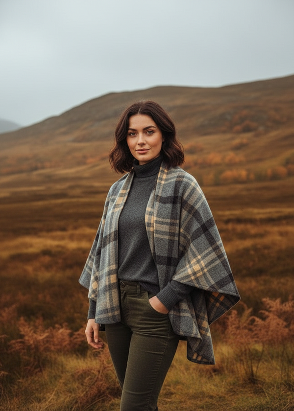 New Model Donegal Autumn 3-Irish Lambswool Cape Grey Beige Check | John Hanly Made in Ireland