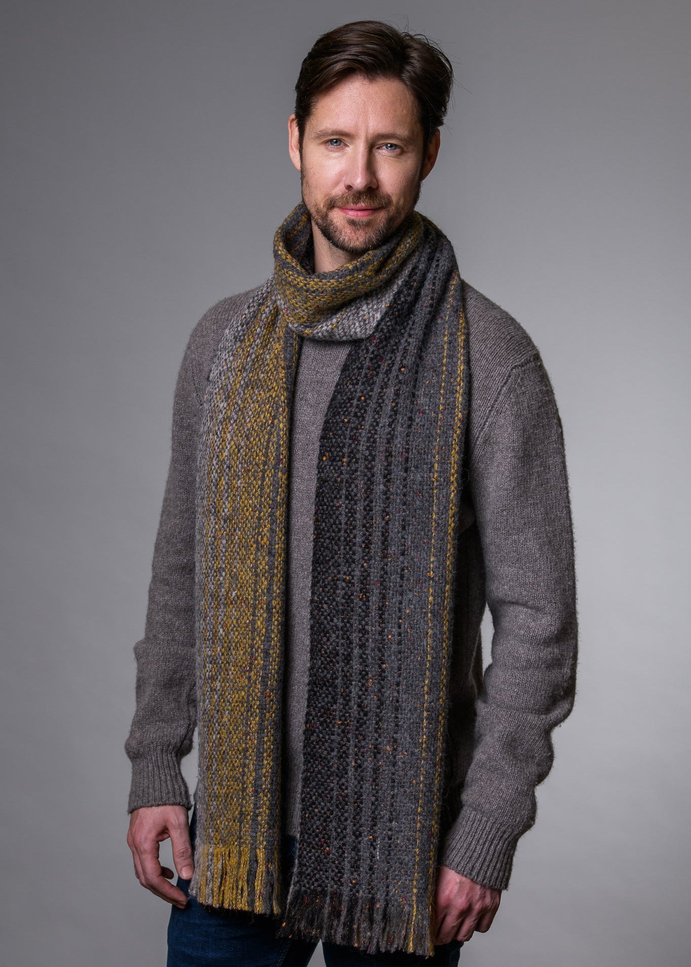 Mucros Islander Scarf | Grey Brown | Authentic Irish Aran Weave