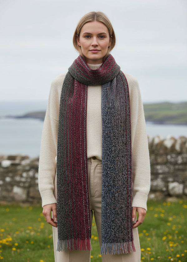 Mucros Islander Scarf Red Charcoal | Authentic Irish Aran Knitwear | Made in Ireland